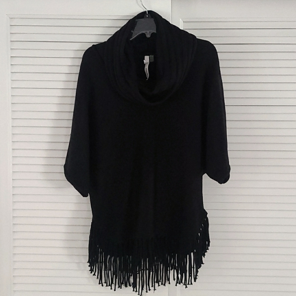 NY Collection Cowl Neck Sweater Small Fringe Hem  Dolman Sleeve   Black
